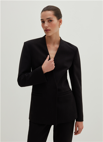 Yan Yırtmaçlı Siyah Kruvaze Blazer