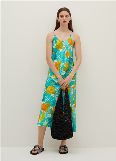Yaprak Desenli Viskoz Midi Etek