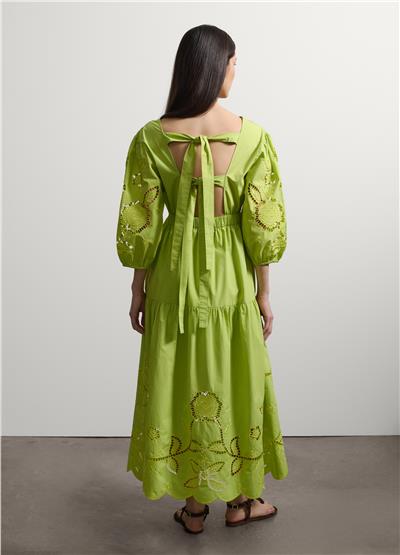 Yeşil Broderie Anglaise Detaylı Pamuk Midi Elbise