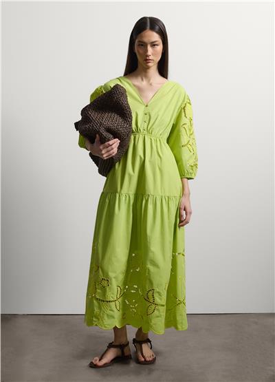Yeşil Broderie Anglaise Detaylı Pamuk Midi Elbise