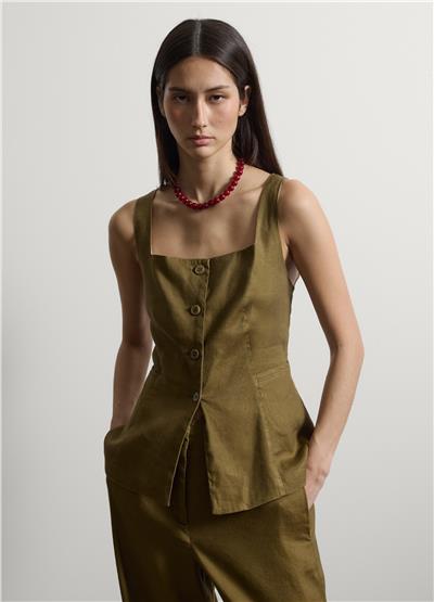 Yeşil Esnek Keten Ve Viskoz Karışımlı Regular Kalıp Atlet