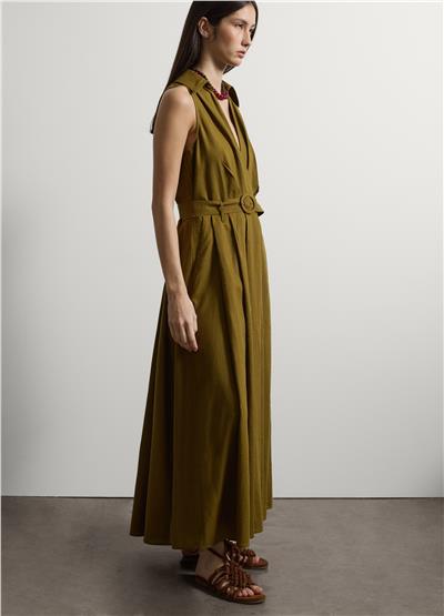 Yeşil Keten Karışımlı Kolsuz Vücuda Oturan Kesim Kemerli Elbise