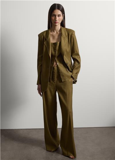 Yeşil Keten Karışımlı Regular Kalıp Blazer Ceket