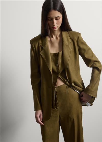Yeşil Keten Karışımlı Regular Kalıp Blazer Ceket