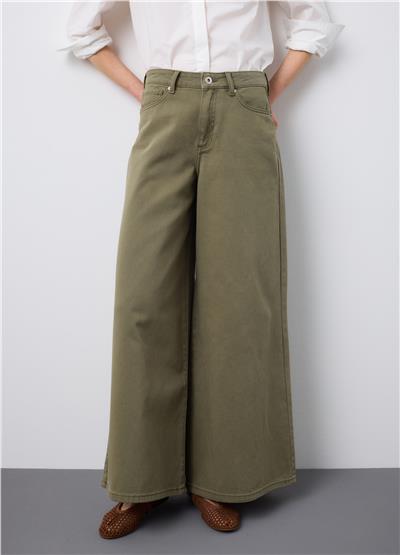 Yeşil Regular Kesimli İspanyol Paça Saf Denim Kot Pantolon