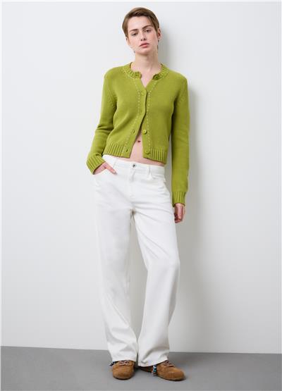 Yeşil Saf Pamuk Düğmeli Regular Fit Hırka