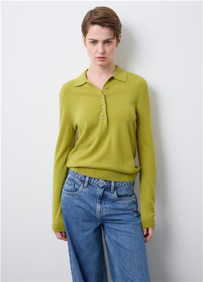 Yeşil Saf Yün Polo Yaka Regular Fit Kazak