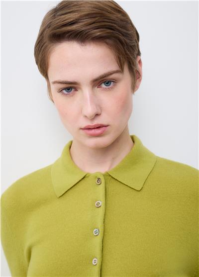 Yeşil Saf Yün Polo Yaka Regular Fit Kazak
