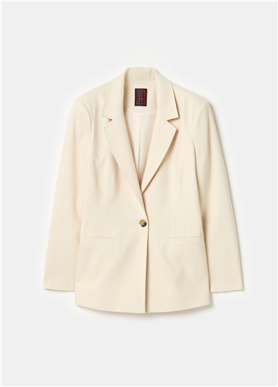 Yırtmaçlı Dar Kesim Düğmeli Bej Blazer