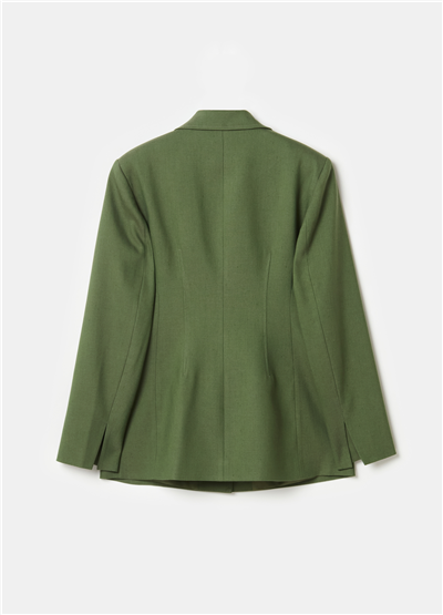 Yırtmaçlı Dar Kesim Düğmeli Yeşil Blazer