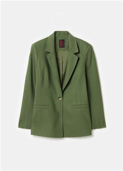 Yırtmaçlı Dar Kesim Düğmeli Yeşil Blazer