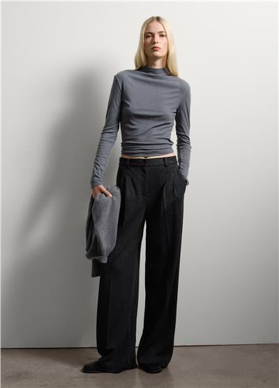 Koyu Gri Yün Karışımlı Geniş Paça Pantolon