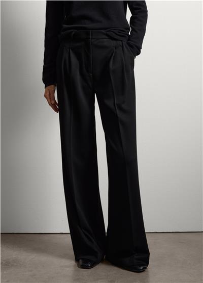 Siyah Yün Karışımlı Geniş Paça Pantolon