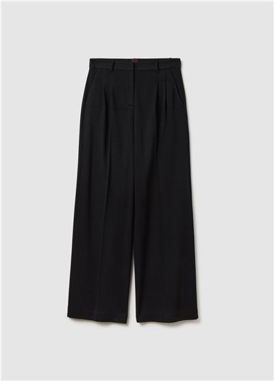 Siyah Yün Karışımlı Geniş Paça Pantolon