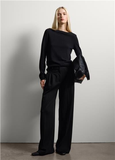 Siyah Yün Karışımlı Geniş Paça Pantolon