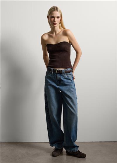 Kahverengi Yün Karışımlı Straplez Bluz