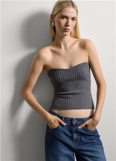 Gri Yün Karışımlı Straplez Bluz