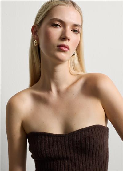 Kahverengi Yün Karışımlı Straplez Bluz