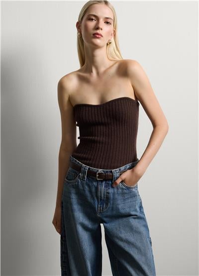 Kahverengi Yün Karışımlı Straplez Bluz