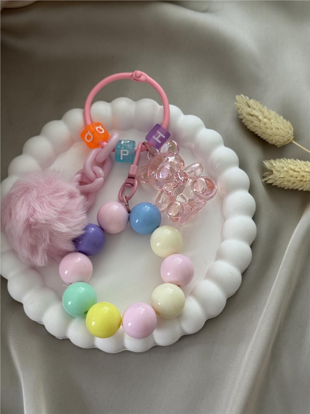 Ortası Pelüş Sıra Boncuklu Ayıcık Sallantılı Anahtarlık