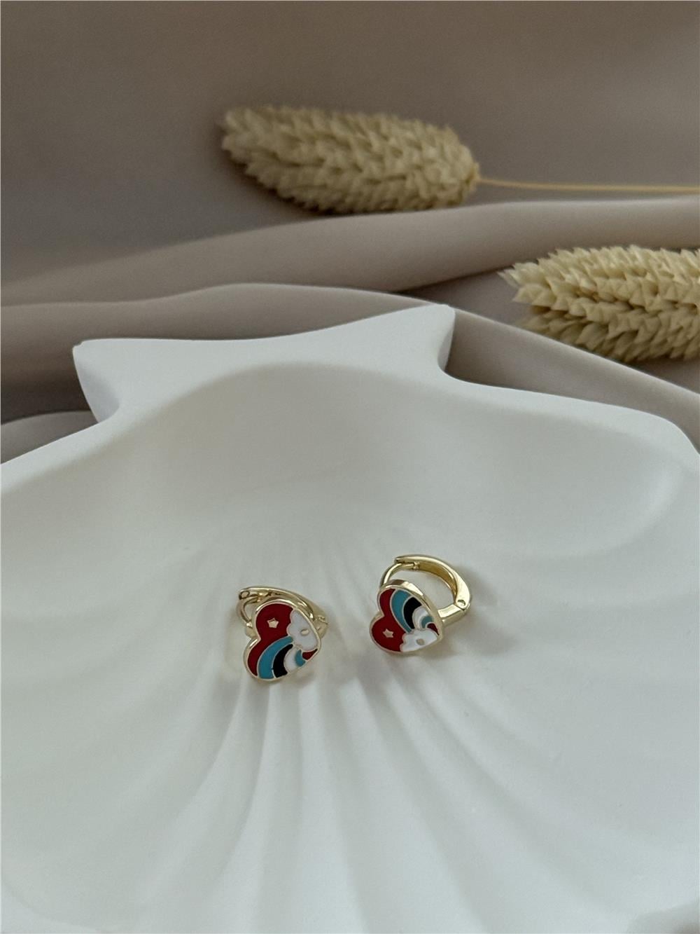 Renkli Mineli Kalp Model Gold Mini Halka Küpe