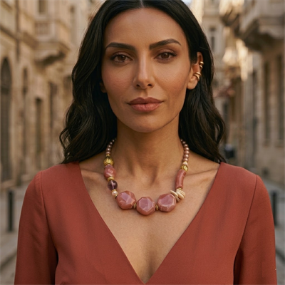 Pembe Kuvars Taşı Altın Kaplama Çerçeveli Özel Tasarım Kadın Kolye