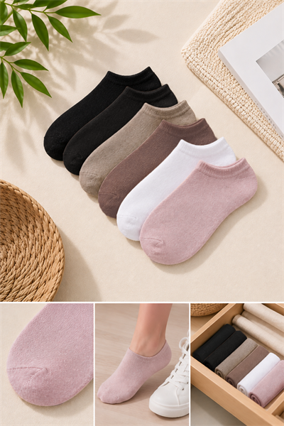  Kadınlar İçin 6 Lı Paket Nefes Alan Terletmez Bambu Karışık Renk Patik Çorap	
