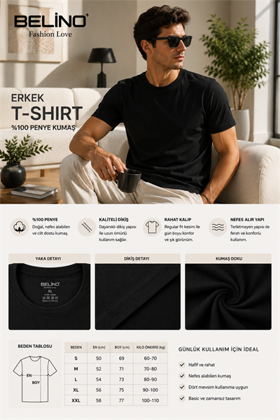 Erkek Basic Siyah Tişört %100 Pamuk Penye Regular Fit Bisiklet Yaka Kısa Kollu