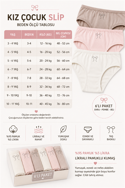 Kız Çocuk 6 Lı Slip Külot Penye Likralı Taş Baskılı