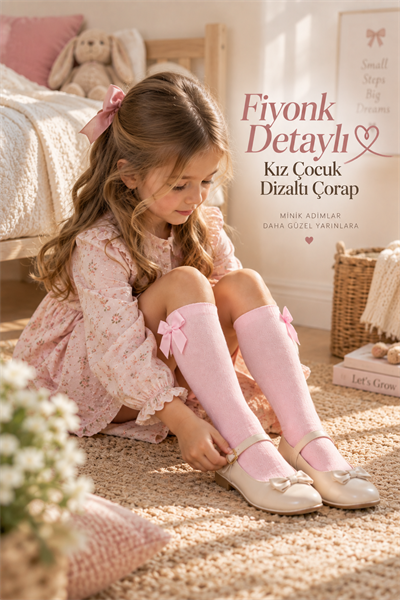 Fiyonk Detaylı Kız Çocuk Dizaltı Çorap