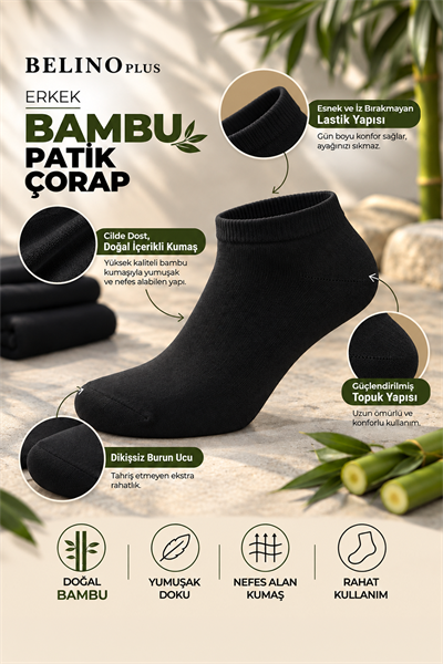 6 Lı Paket Bambu Siyah Renk Patik Çorap			
