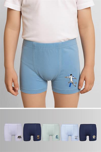 Penye Likralı 5 Li Paket Çok Renkli Desenli Erkek Çocuk Boxer