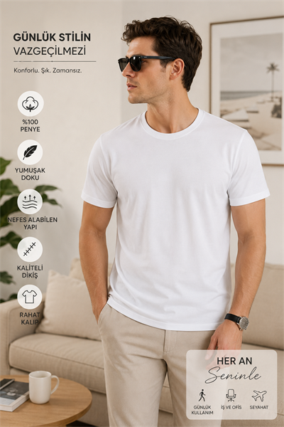Erkek Basic Beyaz Tişört %100 Pamuk Penye Regular Fit Bisiklet Yaka Kısa Kollu		