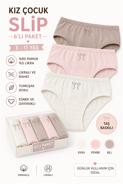 Kız Çocuk 6 Lı Slip Külot Penye Likralı Taş Baskılı