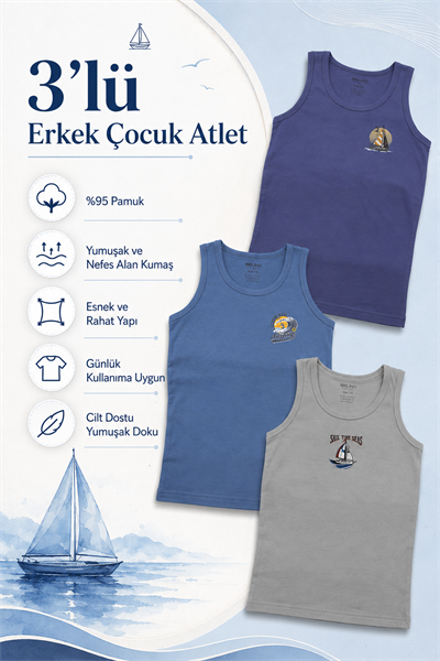 Erkek Çocuk Sıfır Kol  Desen Baskılı Atlet 3 Lü Paket