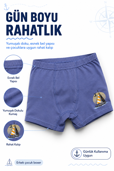 Penye Likralı Erkek Çocuk Boxer 6 Lı Paket - Mini Sailor