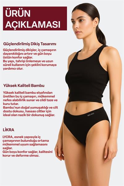 Kadın Slip Bambu Siyah Renk 6 Lı Paket Briefs