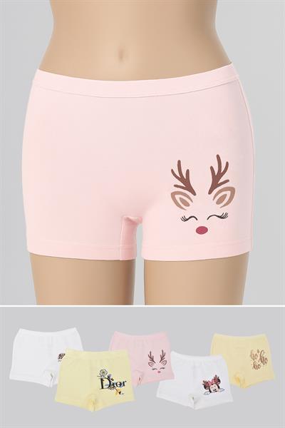 Penye LikralıI 5 Li Paket Çok Renkli Desenli Kız Çocuk Boxer