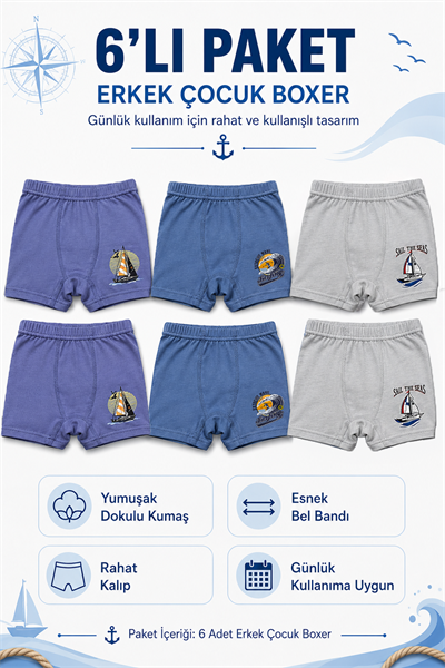 Penye Likralı Erkek Çocuk Boxer 6 Lı Paket - Mini Sailor