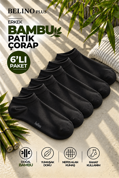 6 Lı Paket Bambu Siyah Renk Patik Çorap			