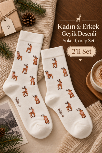 GEYİK DESENLİ ÇİFT SOKET ÇORAP SETİ - Deer Charm	