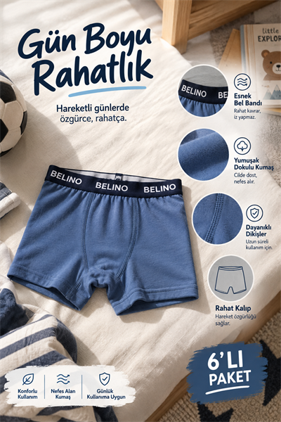Düz Penye Likralı Erkek Çocuk Boxer 6 Lı Paket