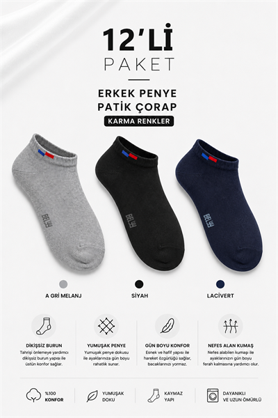 12 Li paket Penye Dikişsiz Erkek Çok Renkli Patik Çorap