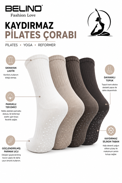 Kadınlar İçin Taban Altı Kaydırmaz Hamile, Dans ve Pilates çorabı 4 Lü Paket