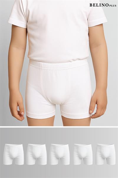 Penye Likralı 5 Paket Beyaz Düz Renk Erkek Çocuk Boxer