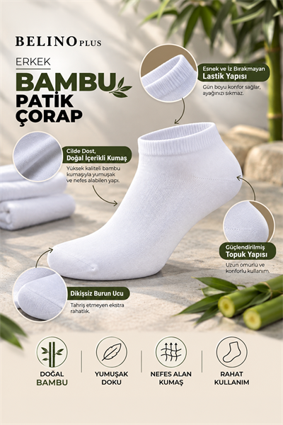 6 Lı Paket Bambu Beyaz Renk Patik Çorap