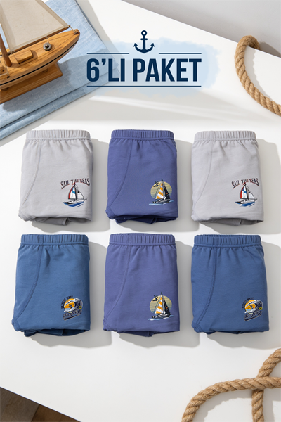 Penye Likralı Erkek Çocuk Boxer 6 Lı Paket - Mini Sailor