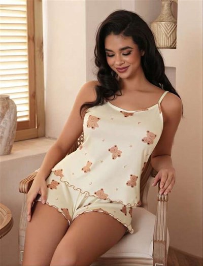 Ayıcık Desenli Askılı Şortlu Pijama Takımı