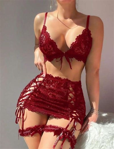 Arias Closet Bordo Transparan Dantel İşlemeli İp Detaylı Fantezi Takım
