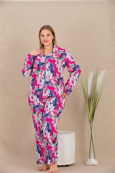 Büyük Beden Renkli Yaprak Desenli Düğmeli Uzun Kol Viskon Pijama Takımı